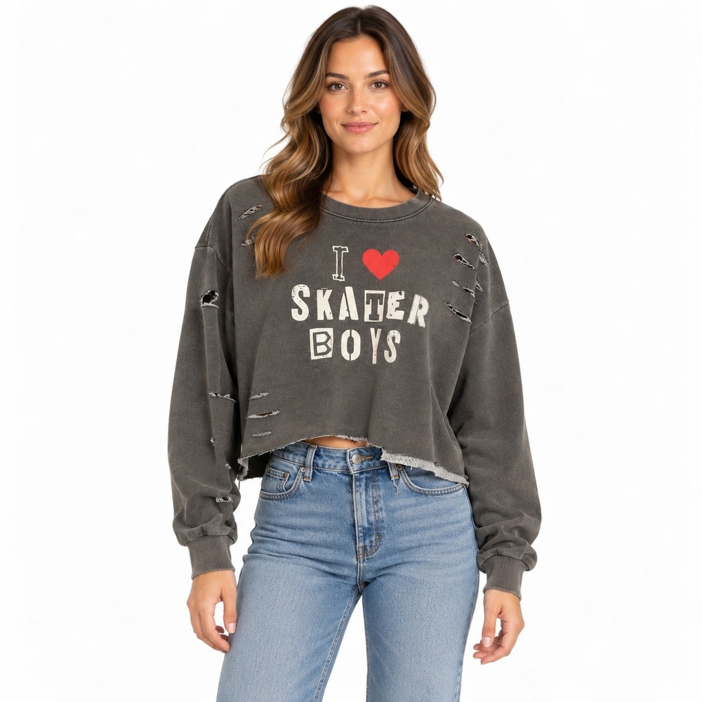 Forever 21 I Heart Skater Boys Distressed Cropped Sweatshirt Gray Medium
